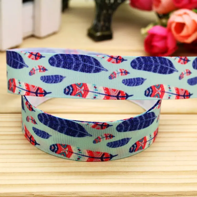 

7/8'' Free shipping feather printed grosgrain ribbon hair bow headwear party decoration wholesale OEM 22mm H5307