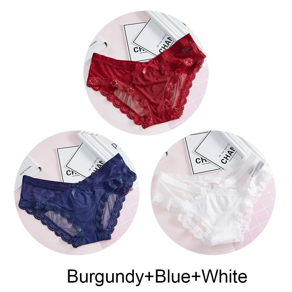 Burgundy-Blue-White 3 шт., сексуальные кружевные трусики для женщин, нижнее белье, низкая посадка, дышащие Бесшовные трусики, трусы, Прозрачное нижнее белье с бантиком для девушек, новинка - Цвет: Burgundy-Blue-White