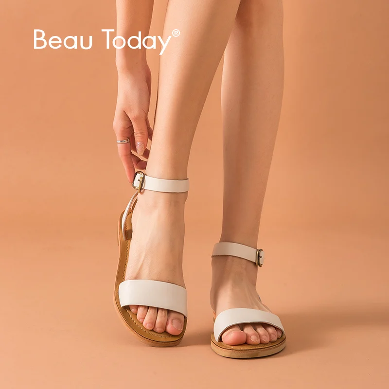 Женские сандалии BeauToday белые из телячьей кожи с ремешком на щиколотке в римском