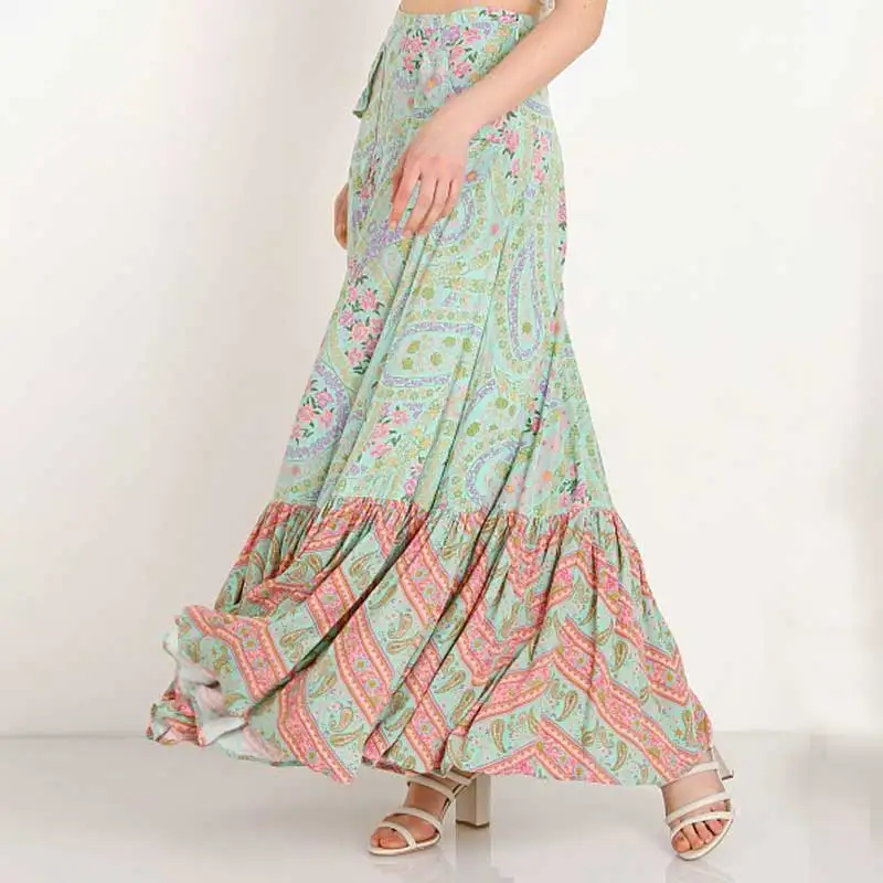 BOHO Вдохновленный sage цветочный принт Высокая талия Макси юбка район Раффлед миди