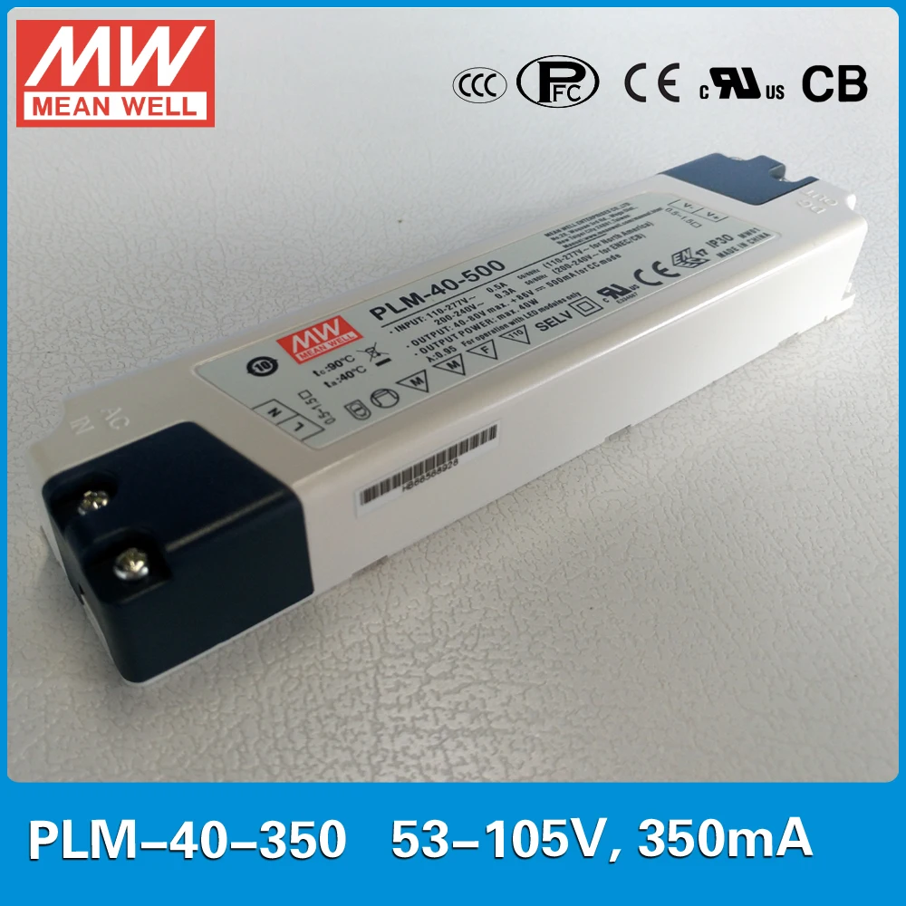 

Источник питания для светодиодов MEAN WELL PFC, PLM-40-350, 36,75 Вт, 105 мА, 53 ~ 110 В, С трехступенчатым аналоговым затемнением, вход ~ В переменного тока