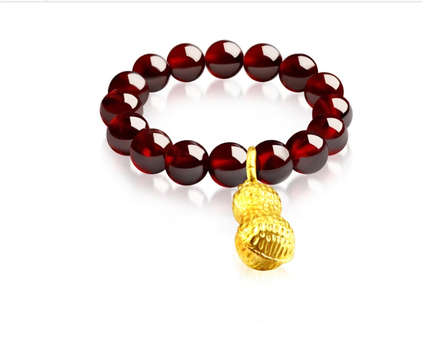 

999 24K желтое золото арахис гранат бусины эластичная линия кольцо 0,85 г