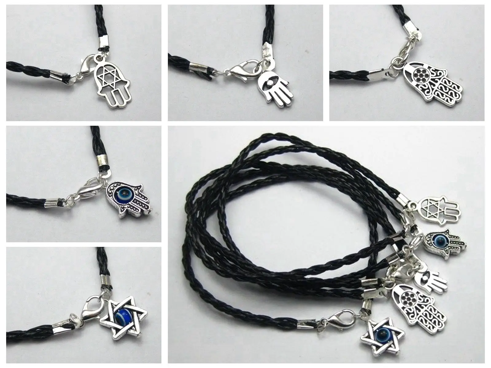 

10 Kabbalah Blue Eye Hamsa Hand Charms Black Leather Braided Good Luck Bracelet