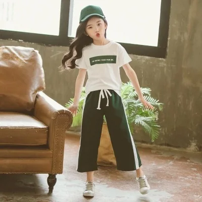 Летняя одежда для девочек новый костюм детей старшего возраста футболка с