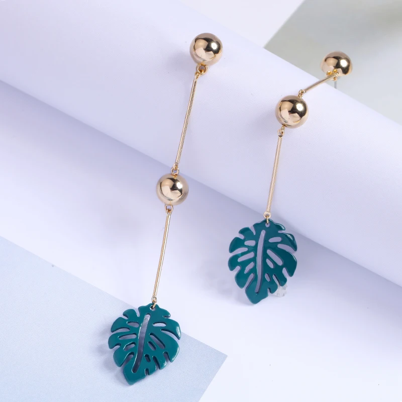 Длинные серьги KISS ME 2018 новые трендовые из цинкового сплава с зеленым выдолбленным листом роскошные