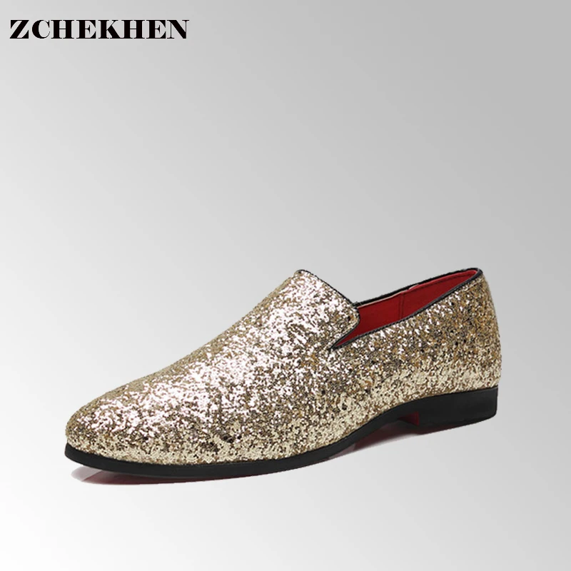 Europe Bling Flat Leather Shoes Rhinestone Fashion Mens Loafer Dress Men Casual Diamond Pointed Toe Gold Silver #33 | Обувь