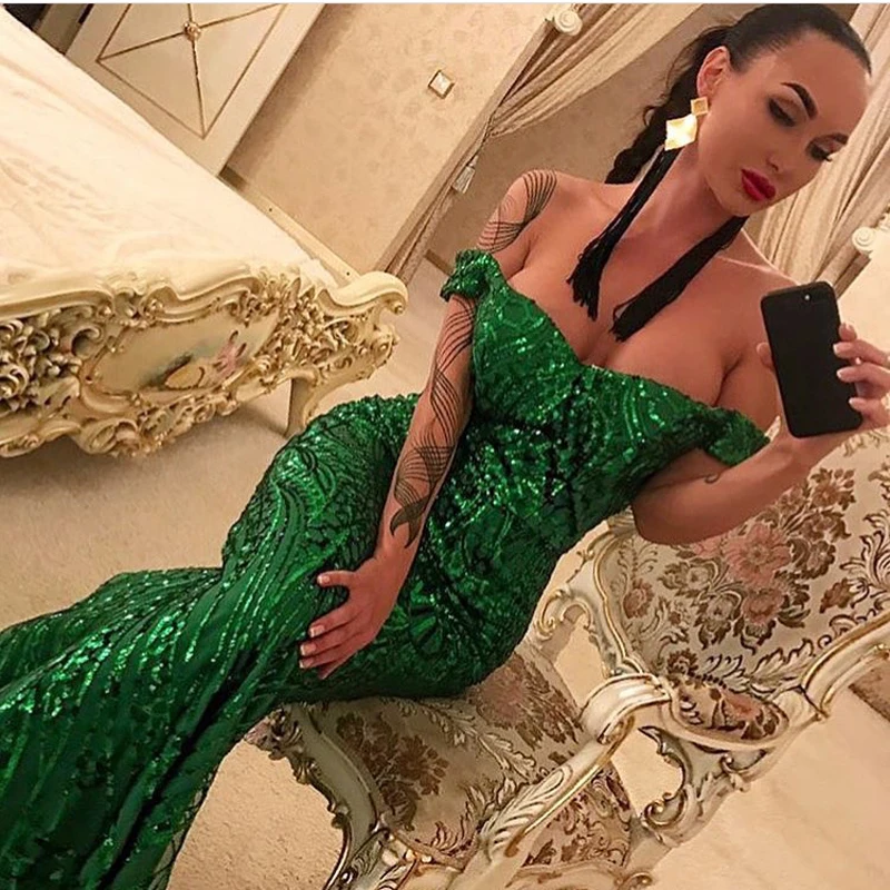 2019 сексуальное с открытыми плечами зеленое вечернее платье пайетками мягкое