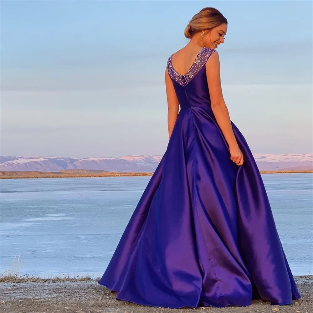 

HONGFUYU Prom Dresses Satin 2021 O-neck Beading A-line Formal Party Gowns Sleeveless Evening Dress Long With Pockets Purple