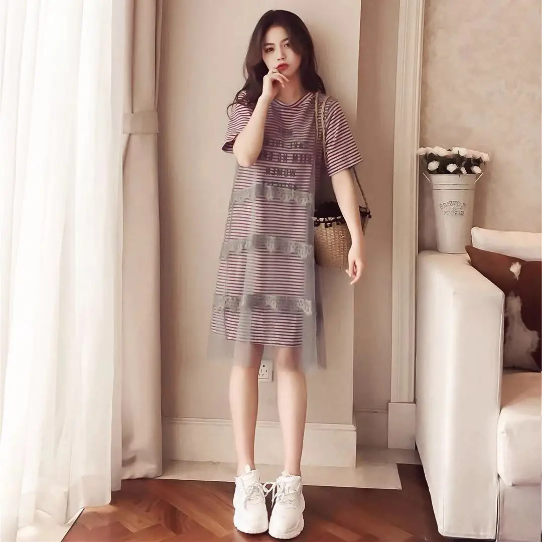 Sweet Short Sleeves O-neck Summer New Fashion Style Maternity Dress Letter Printed Cotton Lining with Mesh Pregnant Women | Мать и