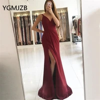 sexy long evening dresses 2019 a line v neck spaghetti strap high slit satin saudi arabic women formal prom gown party dress