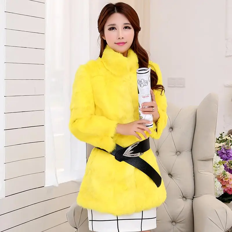 Бесплатная доставка Женское пальто из натурального кроличьего меха с воротником