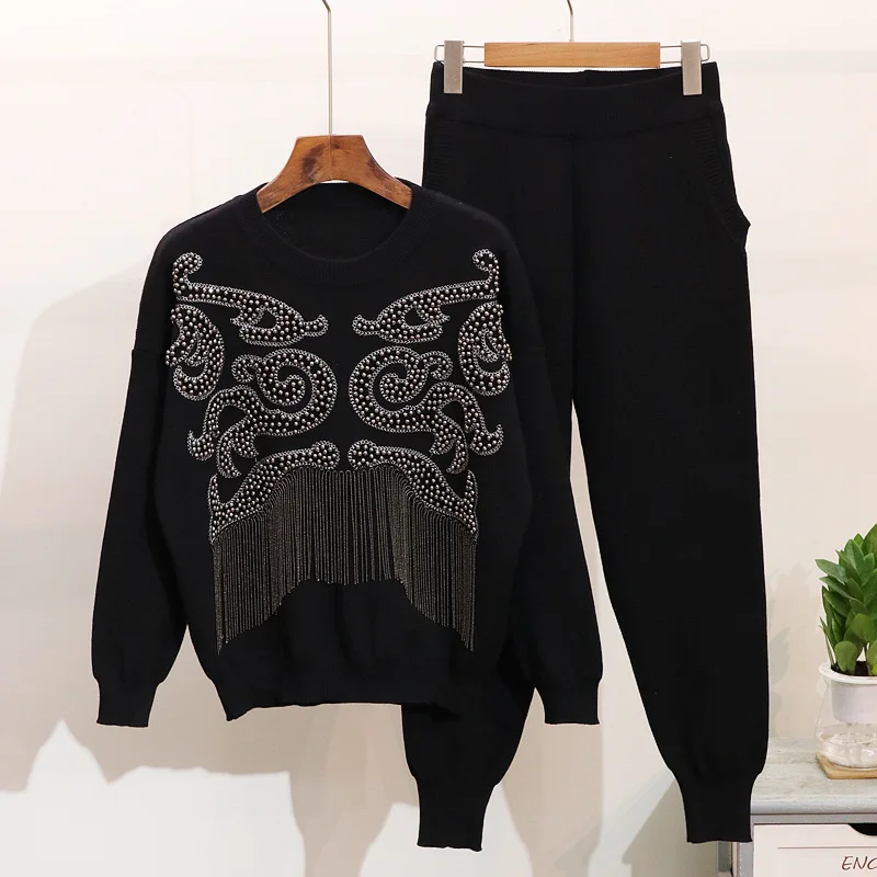Chic brand design women knitting pantsuits autumn winter tassels sweaters+knitted pants two piece set casual Leisure suite D900 |