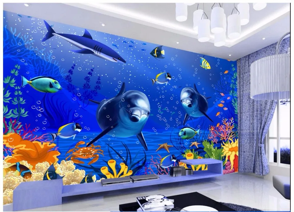 

High-end custom photo wallpaper 3d murals Mediterranean mural 3D underwater world background wall dolphin decorative painting
