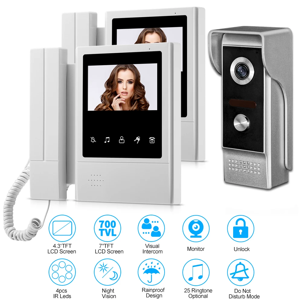 4.3'' TFT LCD Wired Door Home Intercom Video Doorbell System Doorphone IR COMS Night Vision Outdoor Camera 700TVL Color Monitor