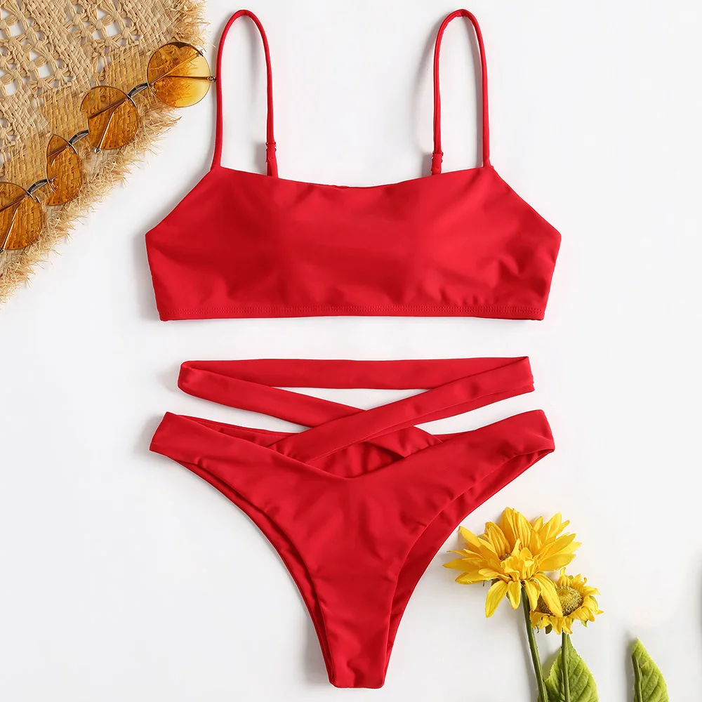 ZAFUL крест-накрест Cami бикини купальники для женщин с высоким вырезом купальник Спагетти ремни низкая талия Мягкий купальник Biquni купальный костюм