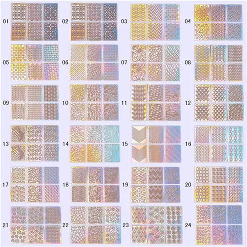 24 Patterns Лазерные полые виниловые наклейки для ногтей наклейки-трафарет руководство по переводу шаблон Сердце Звезда рыба дизайн ногтей наклейки ногтевая декоративная наклейка - Цвет: 24 Patterns