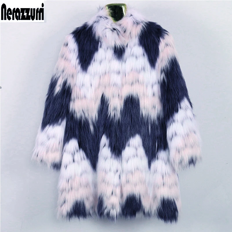 Nerazzurri Winter Gradient Thick Warm Fluffy Faux Fur Coat Women Elegant Hairy Furry Jacket Colorful Outerwear Korean Fashion