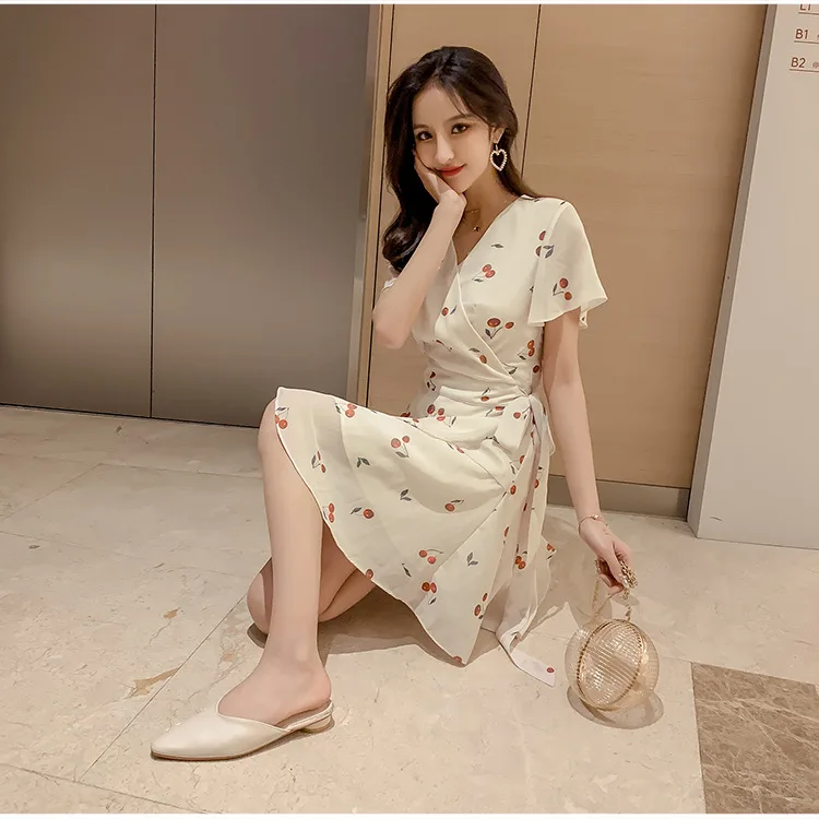 Женское шифоновое платье туника повседневное белое средней длины в Корейском