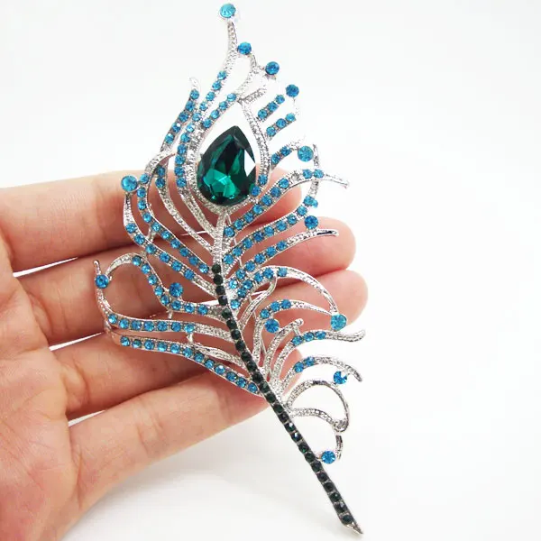 Серебряный цвет элегантные Перья павлина синий горный хрусталь кристаллический