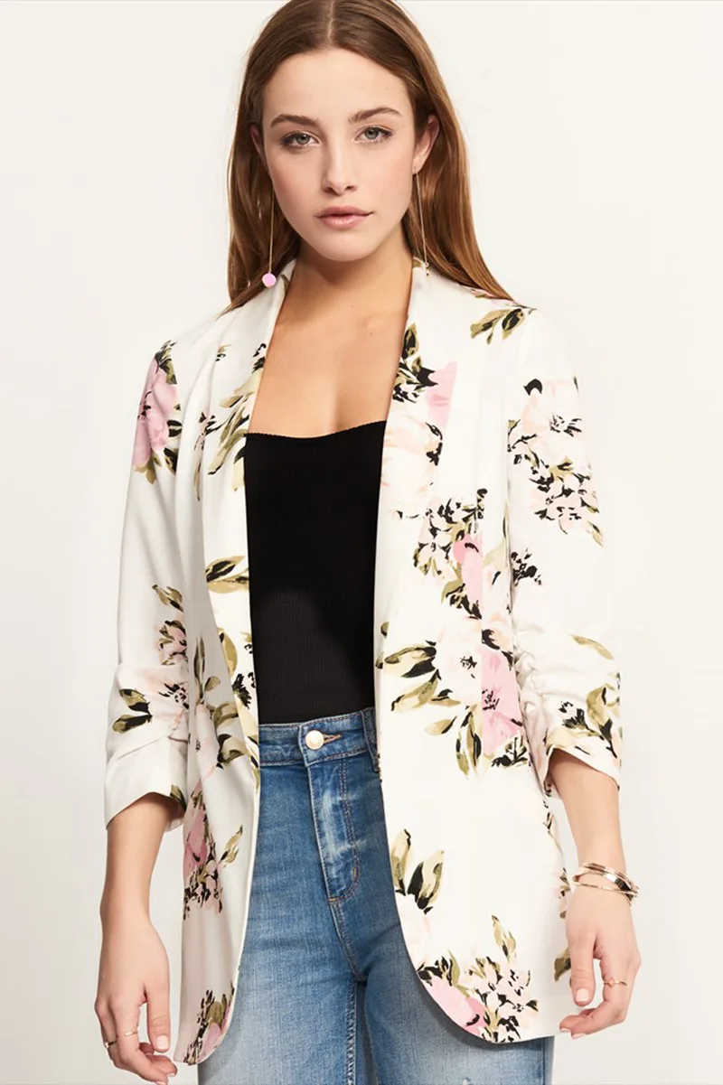 2019 весенние модные женские куртки с принтом и отложным воротником блузка костюм