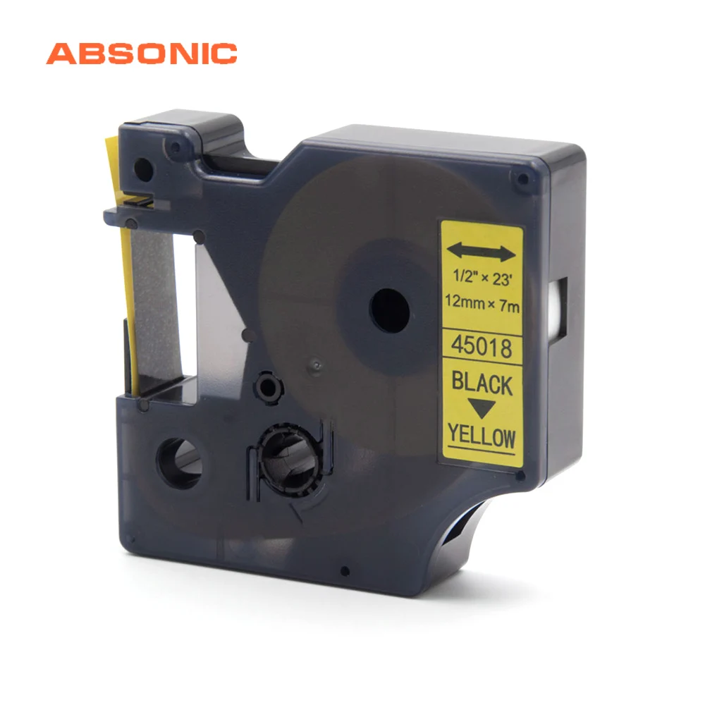 Absinic 12 мм 45018 черный на желтой этикетке лента совместима с Dymo D1 LabelManager 160 280 210D 360D 420P