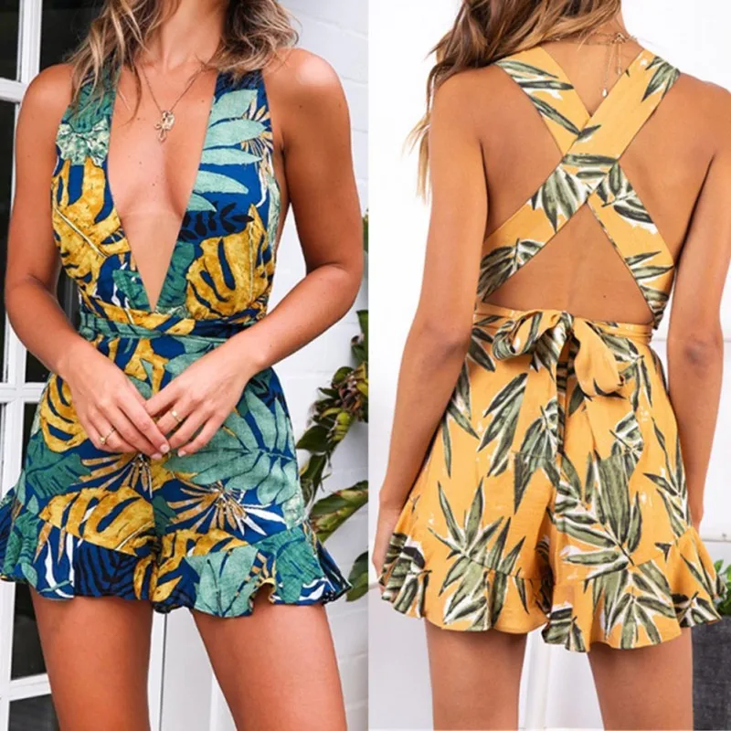 

Women's Sexy Wrapped Halter Strap Cross Banded Print Jumpsuit Dropshipping