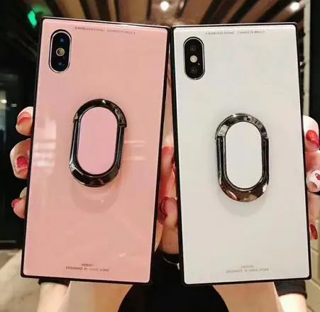Square Fashion Classic Phone Case For iphone X Xs 6 6s 7 8 plus Luxury Tempered Glass With Stand Upscale Coque |