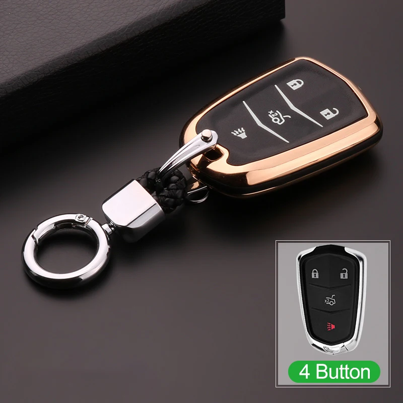4 Button Gold Цинковый сплав+ светящийся кожаный чехол для ключей автомобиля для Cadillac ATS CT6 CTS DTS XT5 Escalade ESV SRX STS XTS ELR - Название цвета: 4 Button Gold