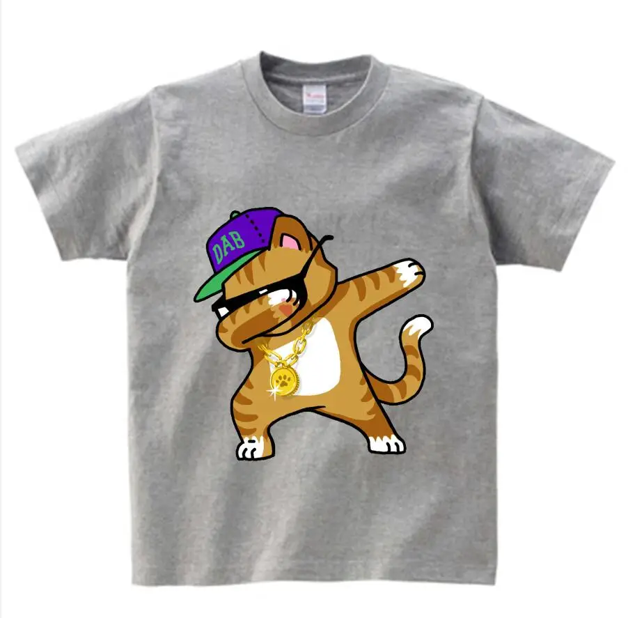 gray childreT-shirt Детская летняя футболка футболки с короткими рукавами для мальчиков и девочек с забавным рисунком кота Санта Клауса, даб Дэнс, футболка для детей 2-15 лет - Цвет: gray childreT-shirt