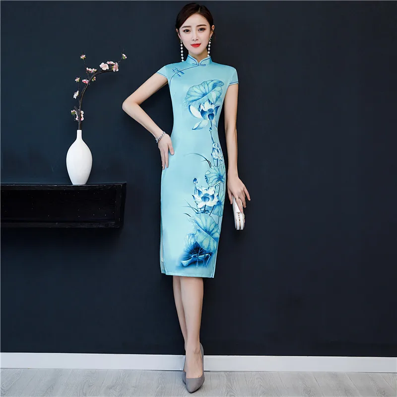 Spring Summer Fashion Flower Cheongsam Long Dresses Blue Elegant Slim Qi Pao Women Chinese Traditional Dress Plus Size Qipao |