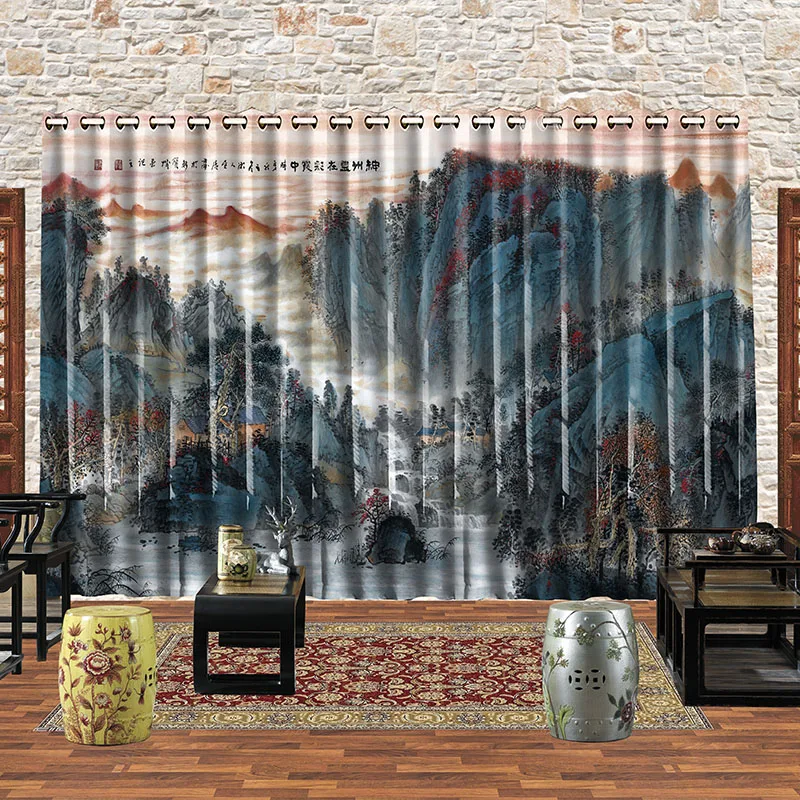 

Custom Made 2x 200x260cm Window Drapery Dressing Tulle Sheer Wave Curtain Scenery Landscape Sunrise Waterfall Trees