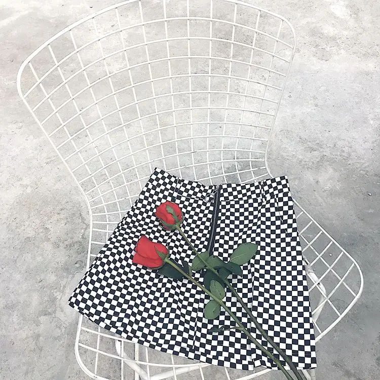 Harajuku Women Mini Skirt Black White Plaid High Waist A-Line Ring Zipper Decoration Female Skirts | Женская одежда