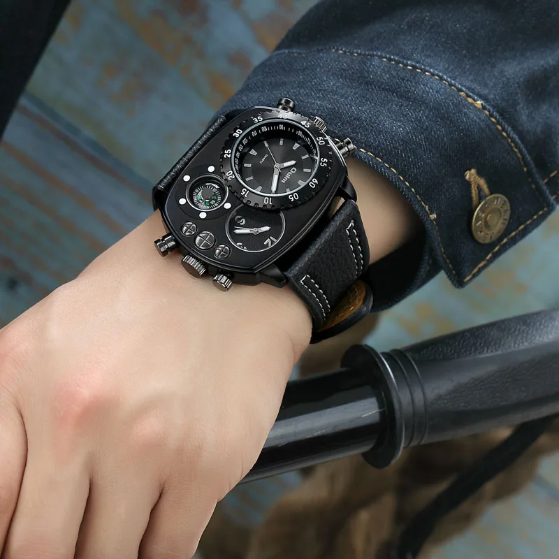 

Oulm Casual Genuine Leather Strap Watches Men Luxury Two Time Zone Quartz Clock Large Dial Male Sport Wristwatch