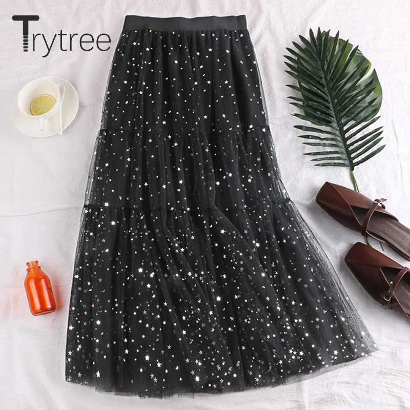 Женская двухслойная сетчатая юбка Trytree романтичная Лоскутная трапеция до