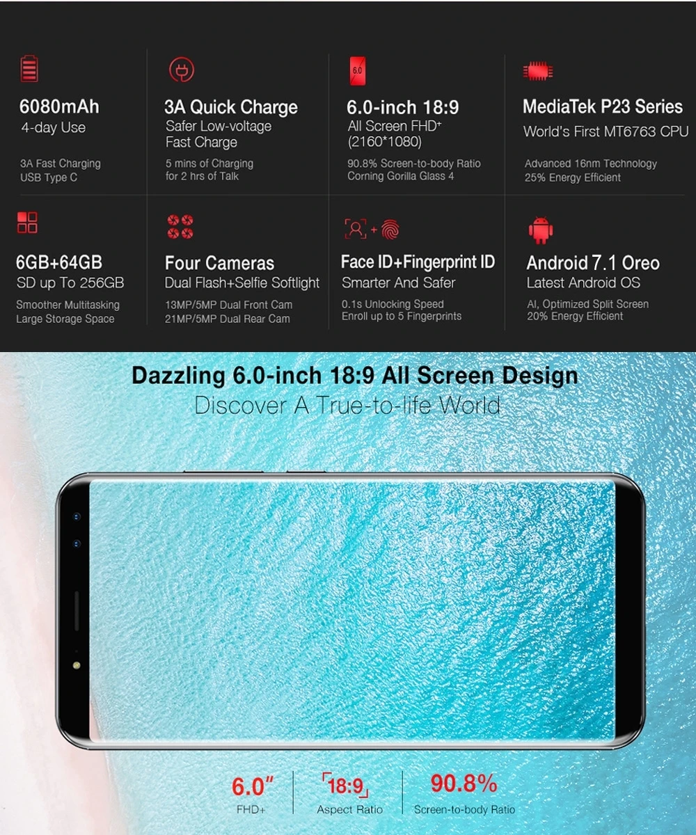 Ulefone Мощность 3 Android 7 1 смартфон MTK6763 Octa Core 6 0 ''FHD ГБ Оперативная память 64