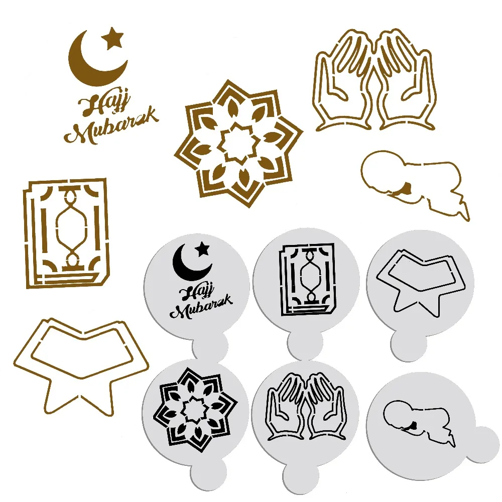 

6pcs/set Hajj Mubarak Ramadan shape cake stencil cookie Cappuccino Decorating eid Mubara Template baking Cake decoration Tools