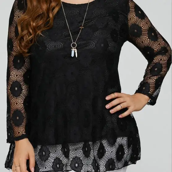 2018 Весенняя мода женские кружевные рубашки черные ретро большие размеры круглый