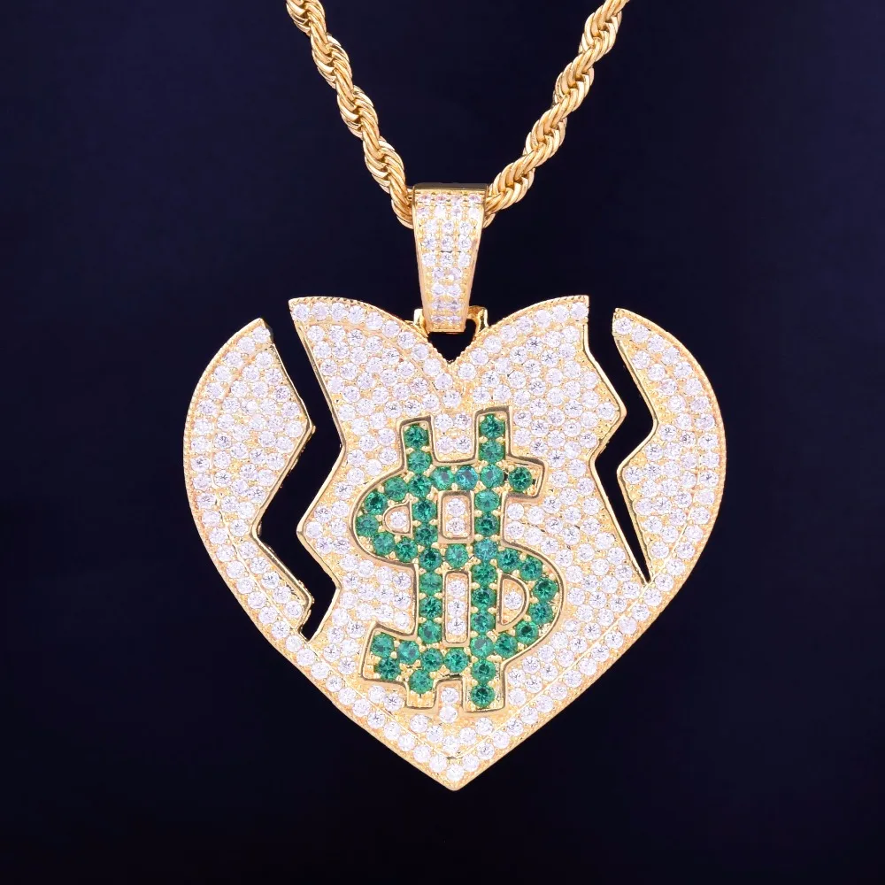 Iced Out Broken Heart Dollar Symbol Love Pendant Necklace With Tennis Chain AAA Cubic Zircon Men's Women Hip hop Rock Jewelry