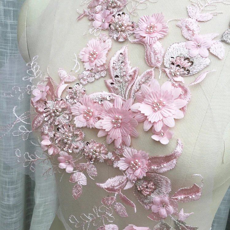 Детская кружевная Цветочная нашивка с розовыми бусинами|Заплатки| |