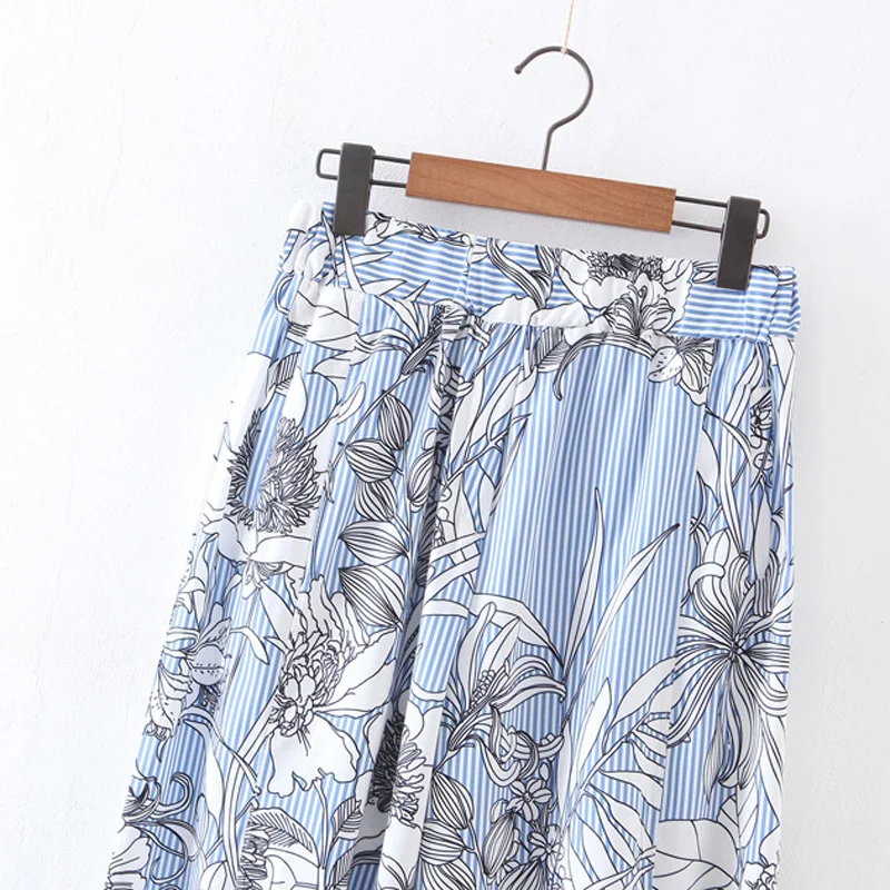 Женские свободные брюки в синюю полоску с цветочным принтом милые весенне-летние