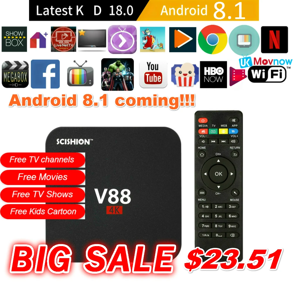 T ТВ коробка V88 4 K Android 8 1 бокс на Rockchip RK3229 1G DDR3 Гб памяти носителе eMMC USB Wi Fi ядра Smart