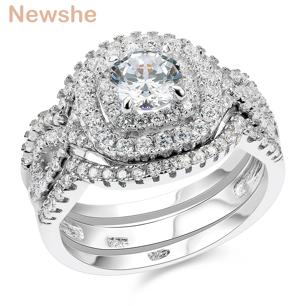 Newshe 3 шт 925 пробы серебряные обручальные кольца для женщин 2.1Ct AAA CZ обручальное кольцо набор классические ювелирные изделия Размер 5-12