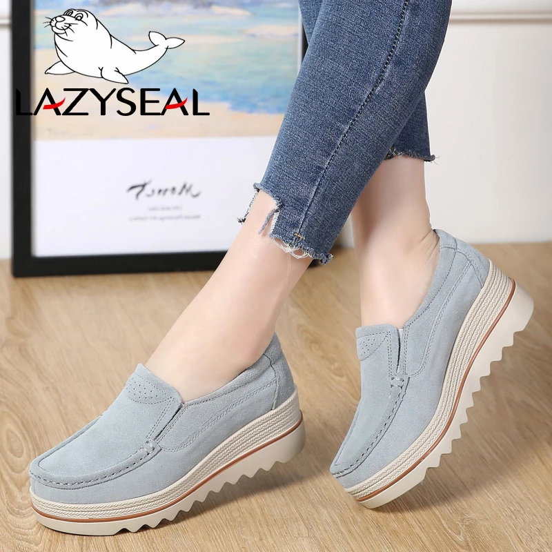 

Женские замшевые туфли LazySeal, повседневная обувь на платформе, толстая подошва, толстая подошва, криперы, без застежки, мокасины