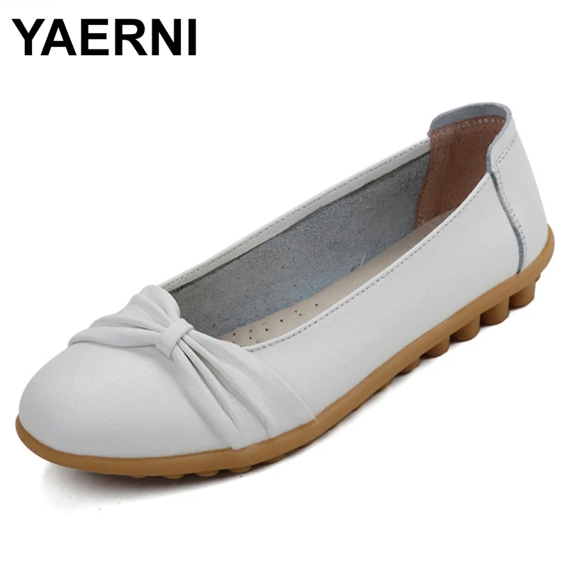 

YAERNI 2021Four Seasons Round Toe Genuine Leather Shoes Flat Shallow Women Shoes Ballet Flats Women Nurse Loafers ballet Flats