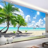 custom 3d mural wallpaper non woven bedroom tv background fresco hd coconut tree beach dolphin landscape photo wall paper roll