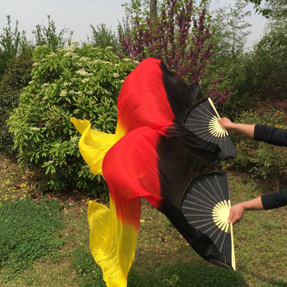 Women Black Red Yellow Gradient 100% Real Silk Belly Dance Fan 1.8m 1pair(L+R) New Arriva | Тематическая одежда и униформа