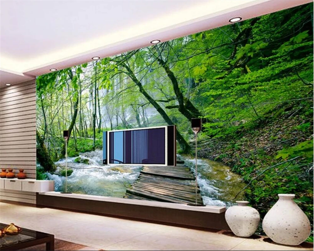 

Beibehang Custom wallpaper murals modern Hand-painted Flowing water Waterfall woods landscape background wall 3d wallpaper