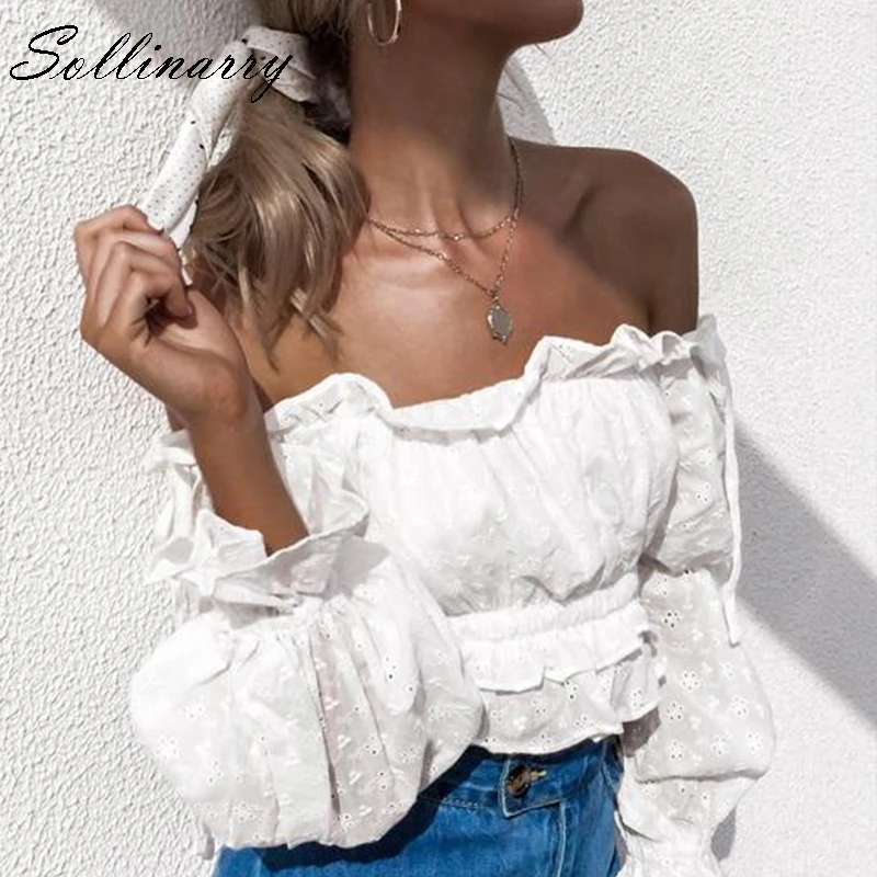 Sollinarry белый Riffle сексуальные женские осенние Топы блузка 2019 с открытыми плечами