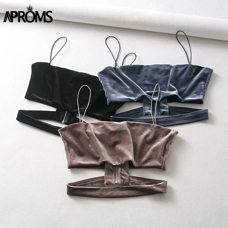 Aproms хаки бархатное Растениеводство Топ Cami Мода Для женщин уличная Эластичный ремешок молния майка 90 s Прохладный бюстье укороченные футболка