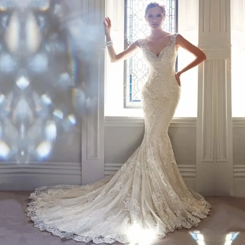Vogue of new fund 2015 word shoulder lace v-neck white gauze waist tail back the bride wedding dress 143 | Свадьбы и торжества